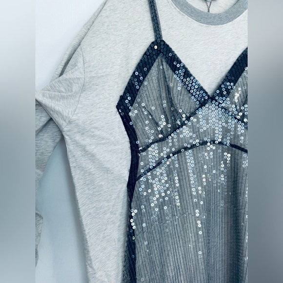 VAQUERA Oversized Gray Slip Dress Long Sleeve T-Shirt with sequin apron front XS - Picture 11 of 17